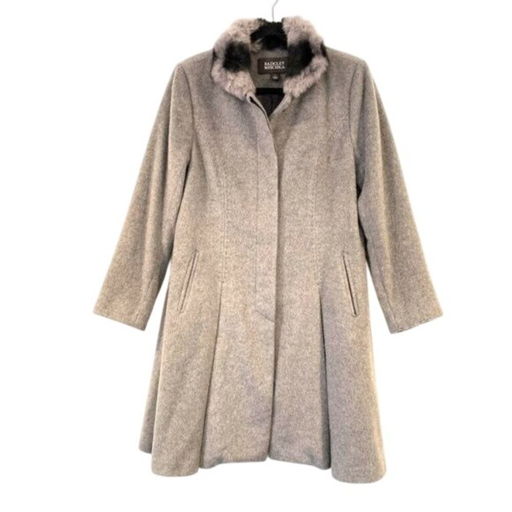 Badgley Mischka Gray Wool Blend Flare Coat Rabbit Fur Collar Size L
